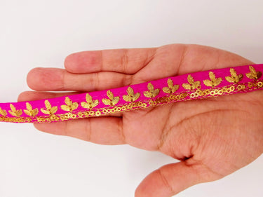 Fuchsia Pink Art Silk Trim with Gold Floral Embroidery and Gold Sequins Indian Sari Border Trim By 3 Yards Decorative Trim Craft Lace